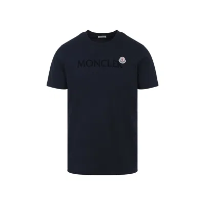 Moncler Men T-shirt With Flocked Cotton Logo In Blue