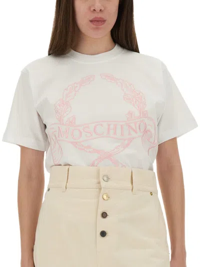 Moschino Embroidered Crew Neck T-shirt In Soft Cotton In White