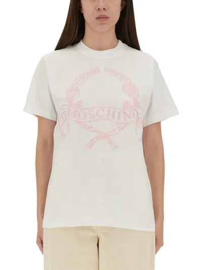Moschino Embroidered Crew Neck T-shirt In Soft Cotton In White