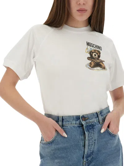 Moschino Embroidered Crew Neck T-shirt In Soft Cotton In White