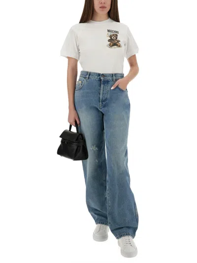 Moschino Embroidered Crew Neck T-shirt In Soft Cotton In White