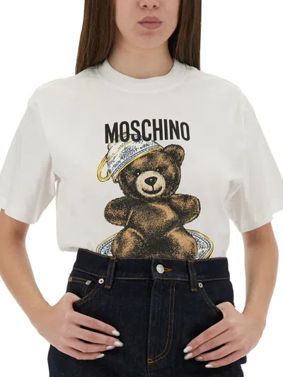 Moschino Embroidered Crew Neck T-shirt In Soft Cotton In White