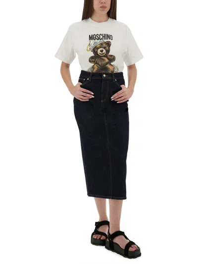 Moschino Embroidered Crew Neck T-shirt In Soft Cotton In White