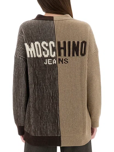Moschino Jeans Cardigan With Inlay Logo In Brown