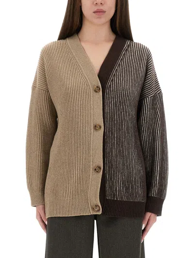 Moschino Jeans Cardigan With Inlay Logo In Brown