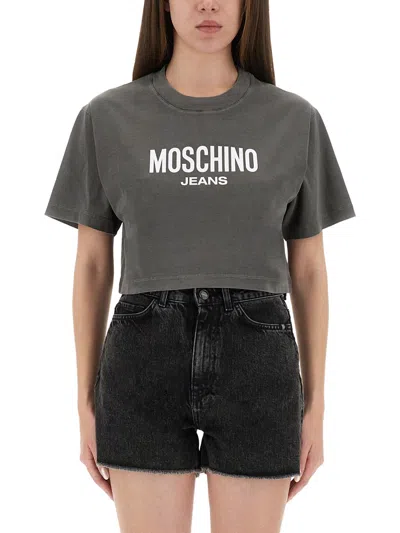Moschino Jeans Cropped T-shirt With Logo In Gray