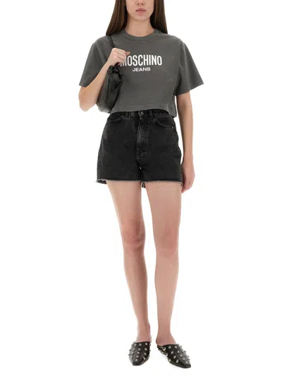 Moschino Jeans Cropped T-shirt With Logo In Gray