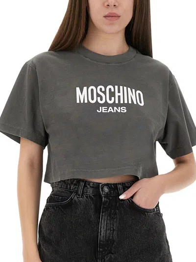 Moschino Jeans Cropped T-shirt With Logo In Gray