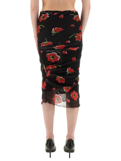 Moschino Scalloped Hem Floral Mesh Midi Skirt In Black