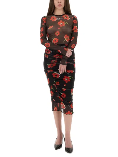 Moschino Scalloped Hem Floral Mesh Midi Skirt In Black