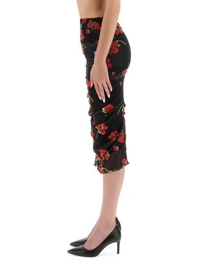 Moschino Scalloped Hem Floral Mesh Midi Skirt In Black