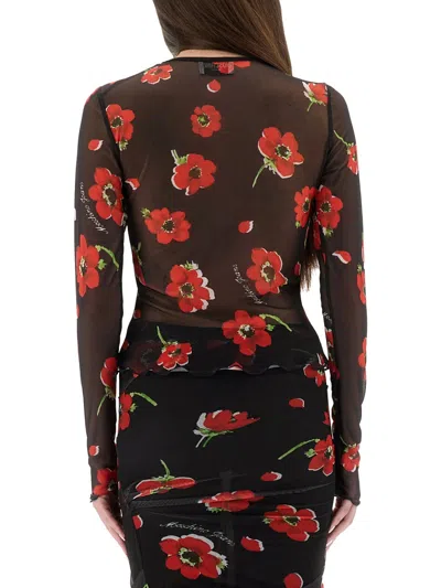 Moschino Floral Print Crew Neck Sheer Fabric Top In Black