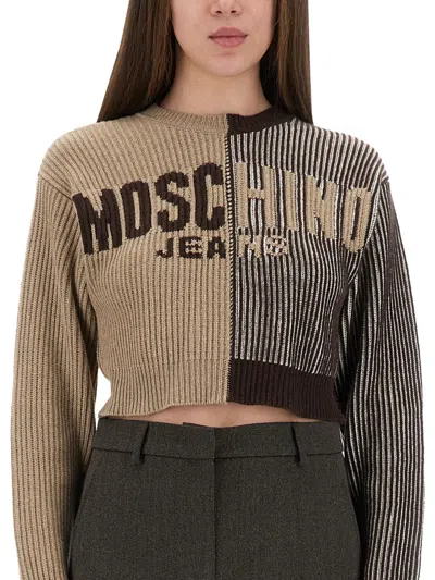 Moschino Crop Pullover In Intarsia Wool Blend In Brown