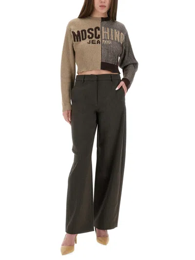 Moschino Crop Pullover In Intarsia Wool Blend In Brown