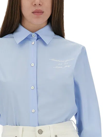 Moschino Regular Fit Tailored Shirt With Embroidered Logo In Blue