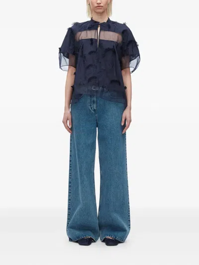 3.1 Phillip Lim Short-sleeve Embroidered Organza Flounce Top In Blue