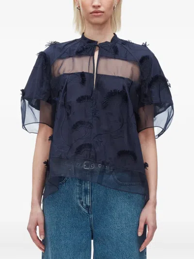 3.1 Phillip Lim Short-sleeve Embroidered Organza Flounce Top In Blue