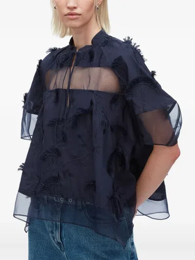 3.1 Phillip Lim Short-sleeve Embroidered Organza Flounce Top In Blue