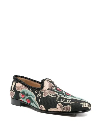 Valentino Floral-patterned Rope-trimmed Loafers In Black