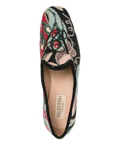 Valentino Floral-patterned Rope-trimmed Loafers In Black