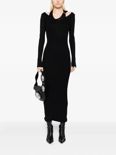 Jean Paul Gaultier Black Ribbed Twisted Double Layer Piercing Midi Dress