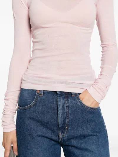 Bite Studios Ribbed Cotton Long-sleeve T-shirt With Gathered Sleeves In Pink