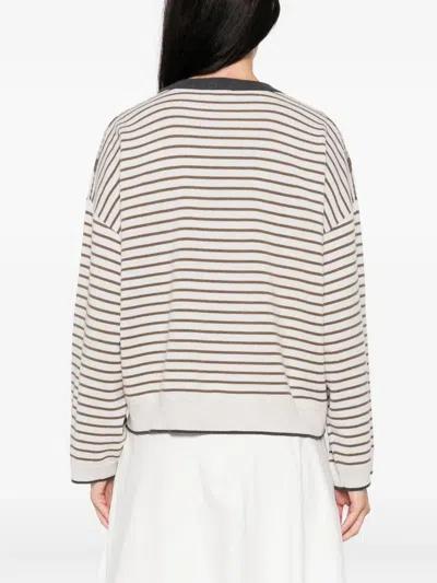 Brunello Cucinelli Ivory Crewneck Striped Sweater In Neutral
