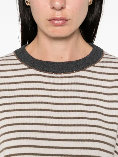 Brunello Cucinelli Ivory Crewneck Striped Sweater In Neutral