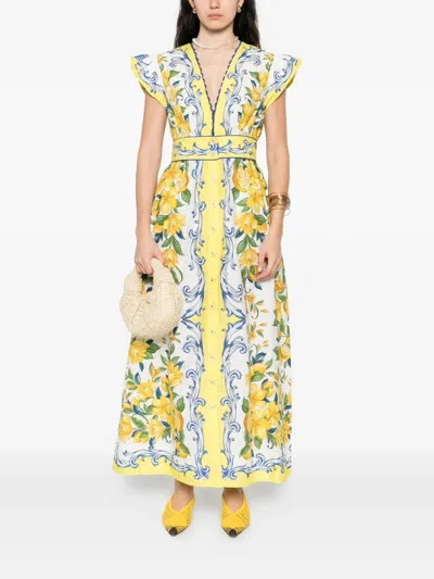 Farm Rio Sicily Scarf Print Cotton Maxi Dress In Yellow