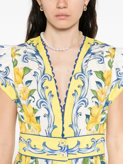 Farm Rio Sicily Scarf Print Cotton Maxi Dress In Yellow