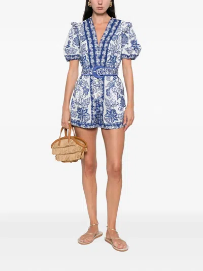 Farm Rio Shell Garden Cotton Jumpsuit In Blue