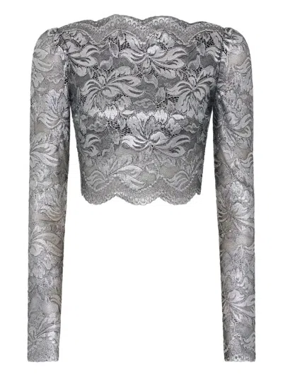 Rabanne Long Sleeve Metallic Lace Top In Gray