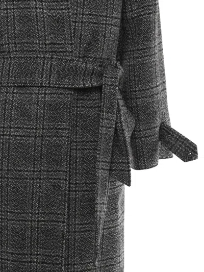 Balenciaga One Layer Checked Belted Coat In Gray