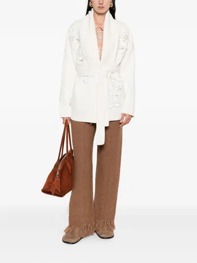 Golden Goose Shawl Collar Cardigan With Floral Embroidery And Self-tie Belt In White