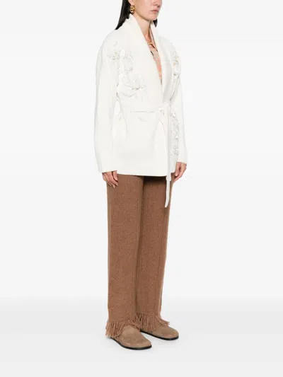 Golden Goose Shawl Collar Cardigan With Floral Embroidery And Self-tie Belt In White