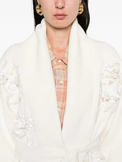 Golden Goose Shawl Collar Cardigan With Floral Embroidery And Self-tie Belt In White