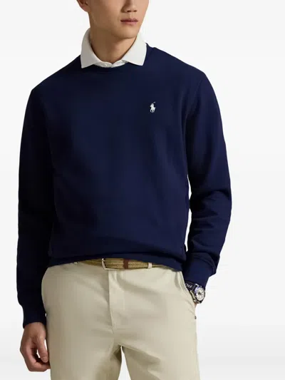 Polo Ralph Lauren Navy Blue Loopback Cotton Crewneck Sweatshirt In Blue