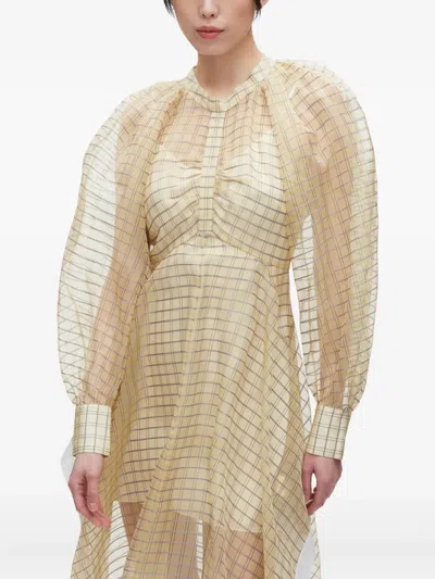 3.1 Phillip Lim Puff-sleeve Checked Midi Dress In Gold