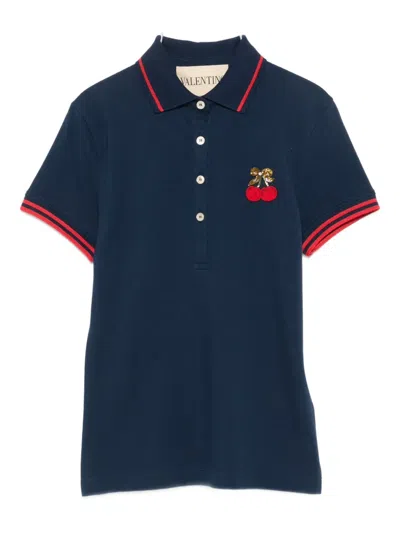 Valentino Cherry Embroidery Polo With Contrast Trim In Blue