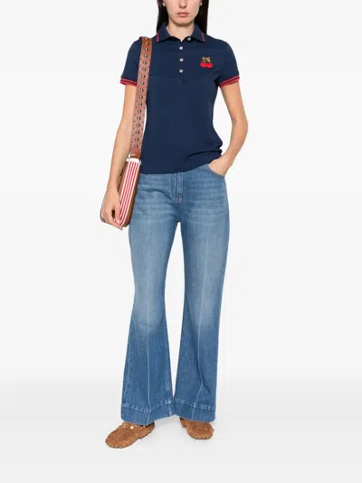 Valentino Cherry Embroidery Polo With Contrast Trim In Blue