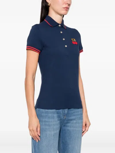 Valentino Cherry Embroidery Polo With Contrast Trim In Blue