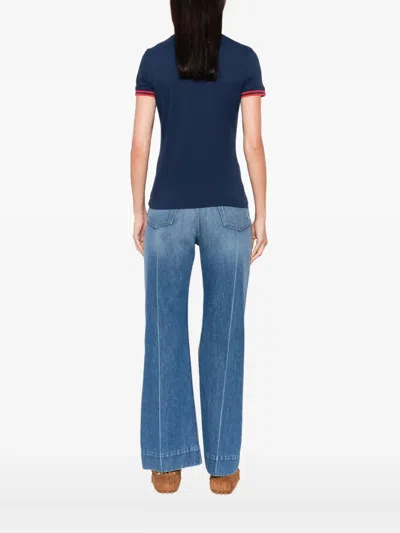 Valentino Cherry Embroidery Polo With Contrast Trim In Blue