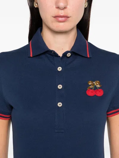 Valentino Cherry Embroidery Polo With Contrast Trim In Blue