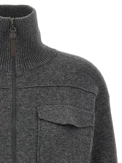 Brunello Cucinelli Shiny Zipper Pull Sweaters And Cardigans Gray