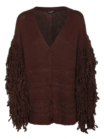 Fabiana Filippi Fringed Knit Cardigan Ribbed Hem In Brown
