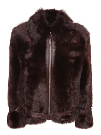 Tom Ford Leather Buckle Detail Jacket With Faux Fur In Burgundy