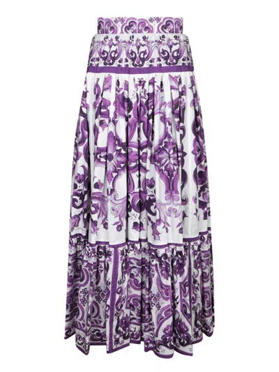 Dolce & Gabbana Violet Long Skirt With Ruffle Hem And All-over Floral Motif In Cotton Woman