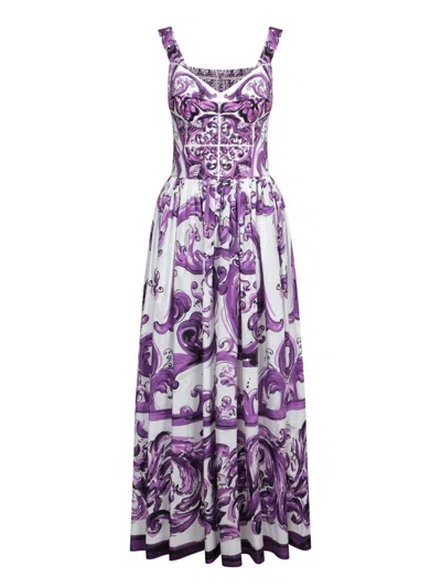 Dolce & Gabbana Dress With Purple Majolica Print In Cotton Poplin In Multi