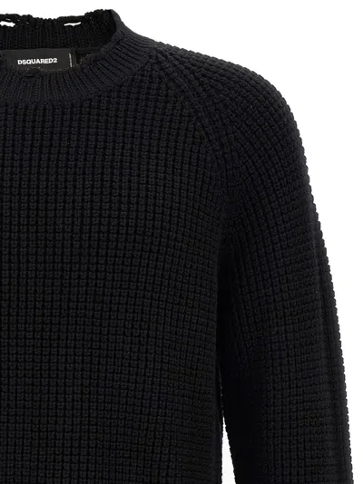 Dsquared2 Textured Knit Sweater With Raw Hem And Distressed Detailing In Black