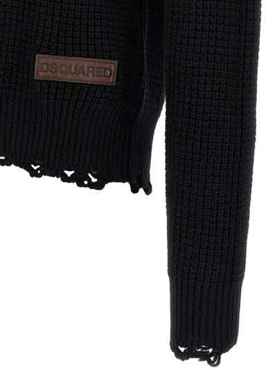 Dsquared2 Textured Knit Sweater With Raw Hem And Distressed Detailing In Black